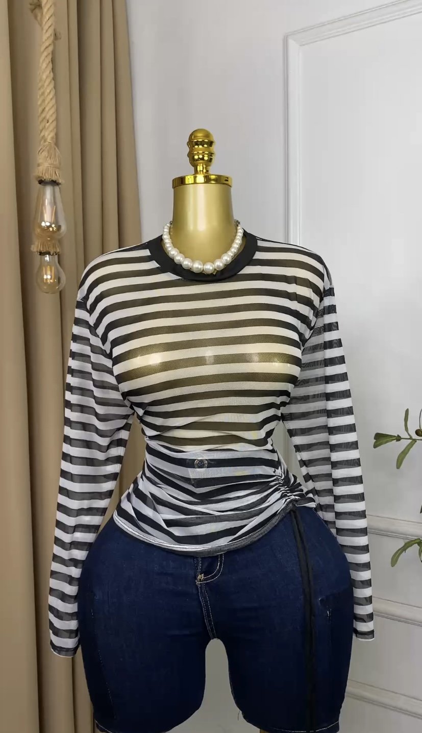 Black&white striped mesh Top M314