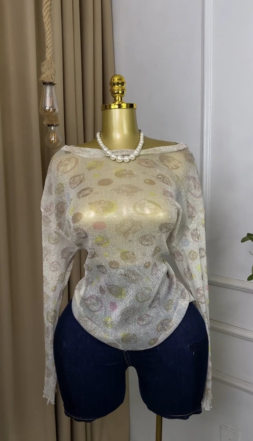 Sheer gold and off-white mesh Top M210