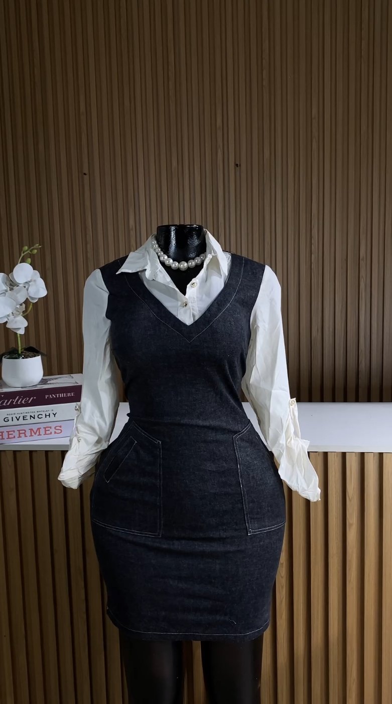 Black&white sleeve denim dress 256