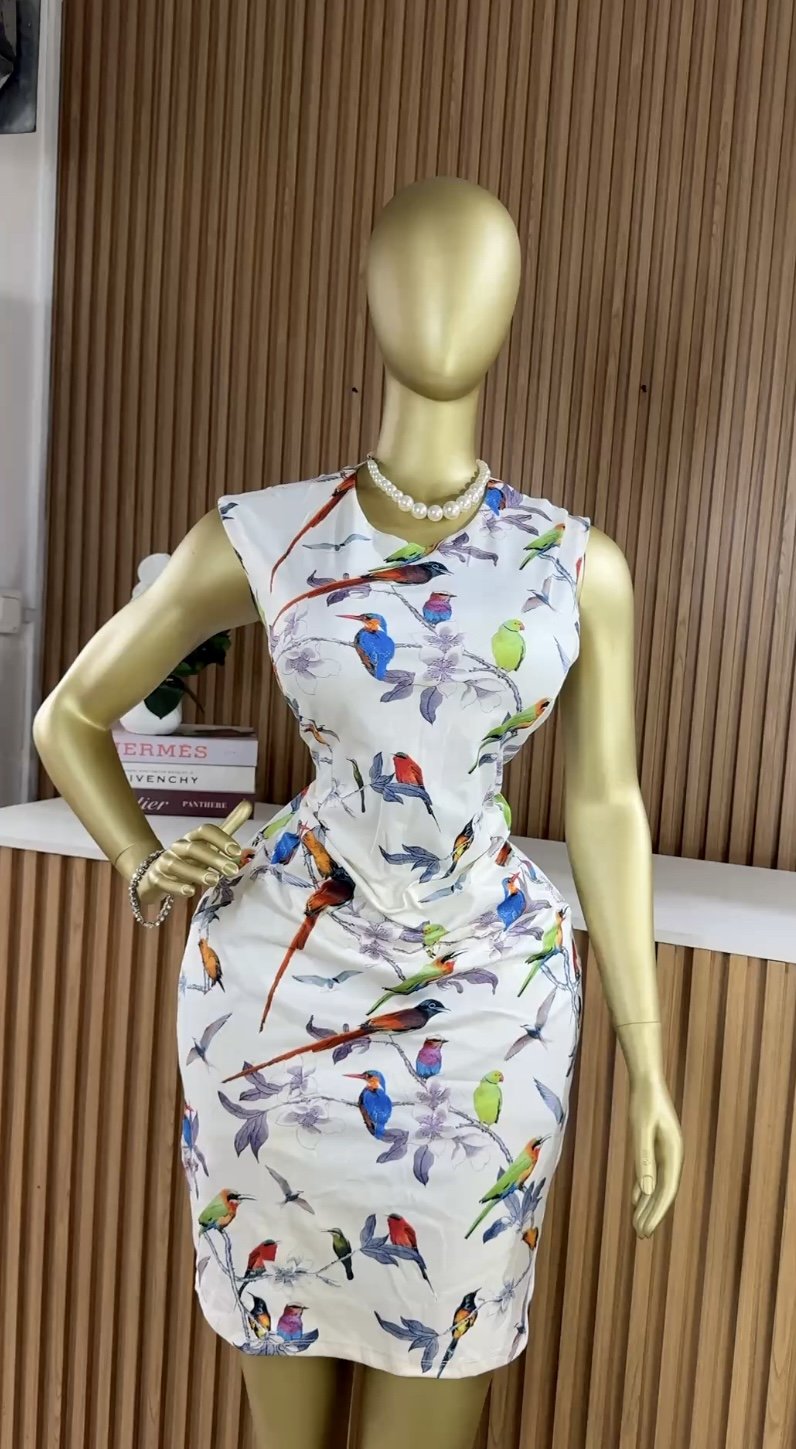 White stylish bird print dress B141 (40D)