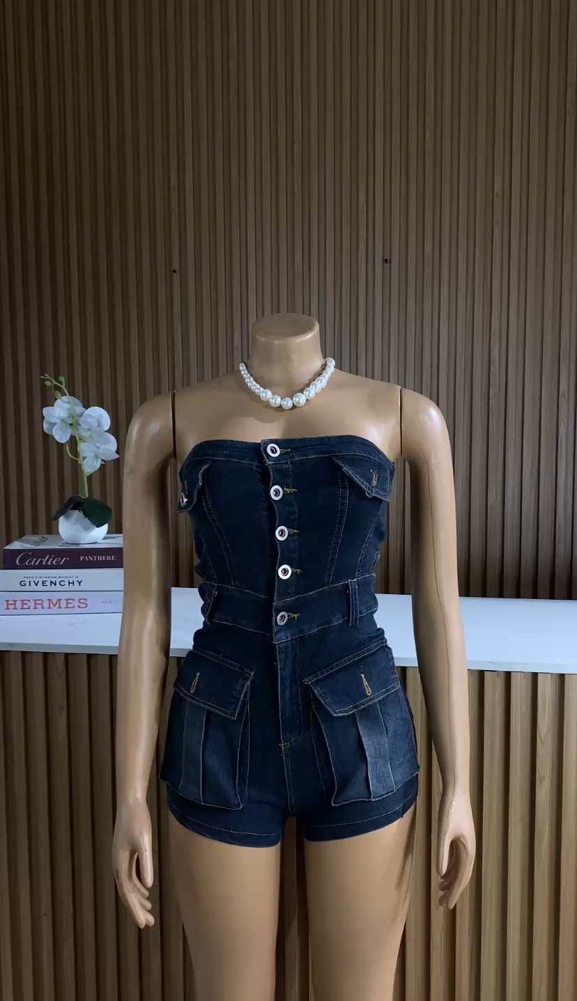 Blue armless denim playsuit 314