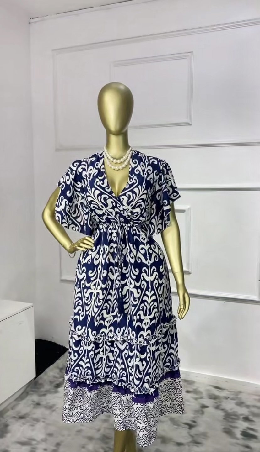 Blue&white patterned dress P021