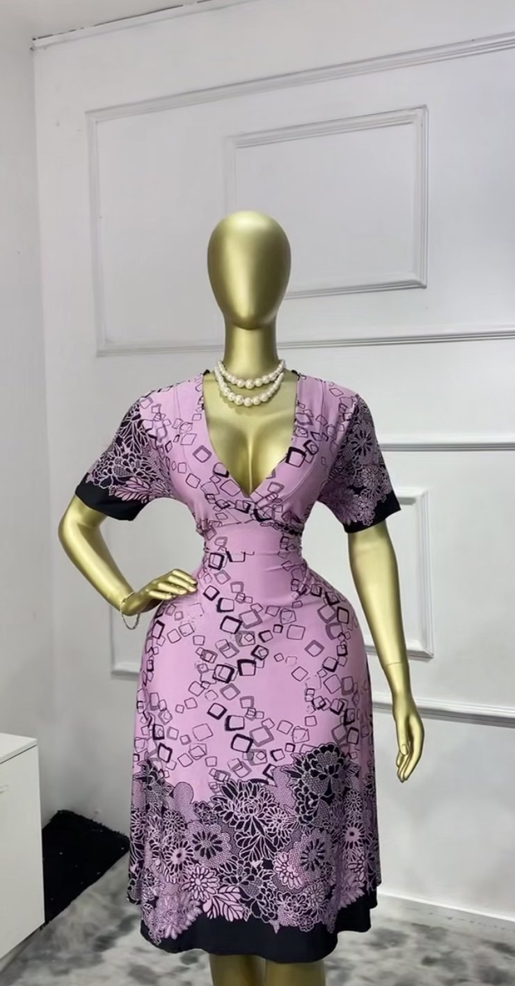 Purple abstract print dress P084(belted)
