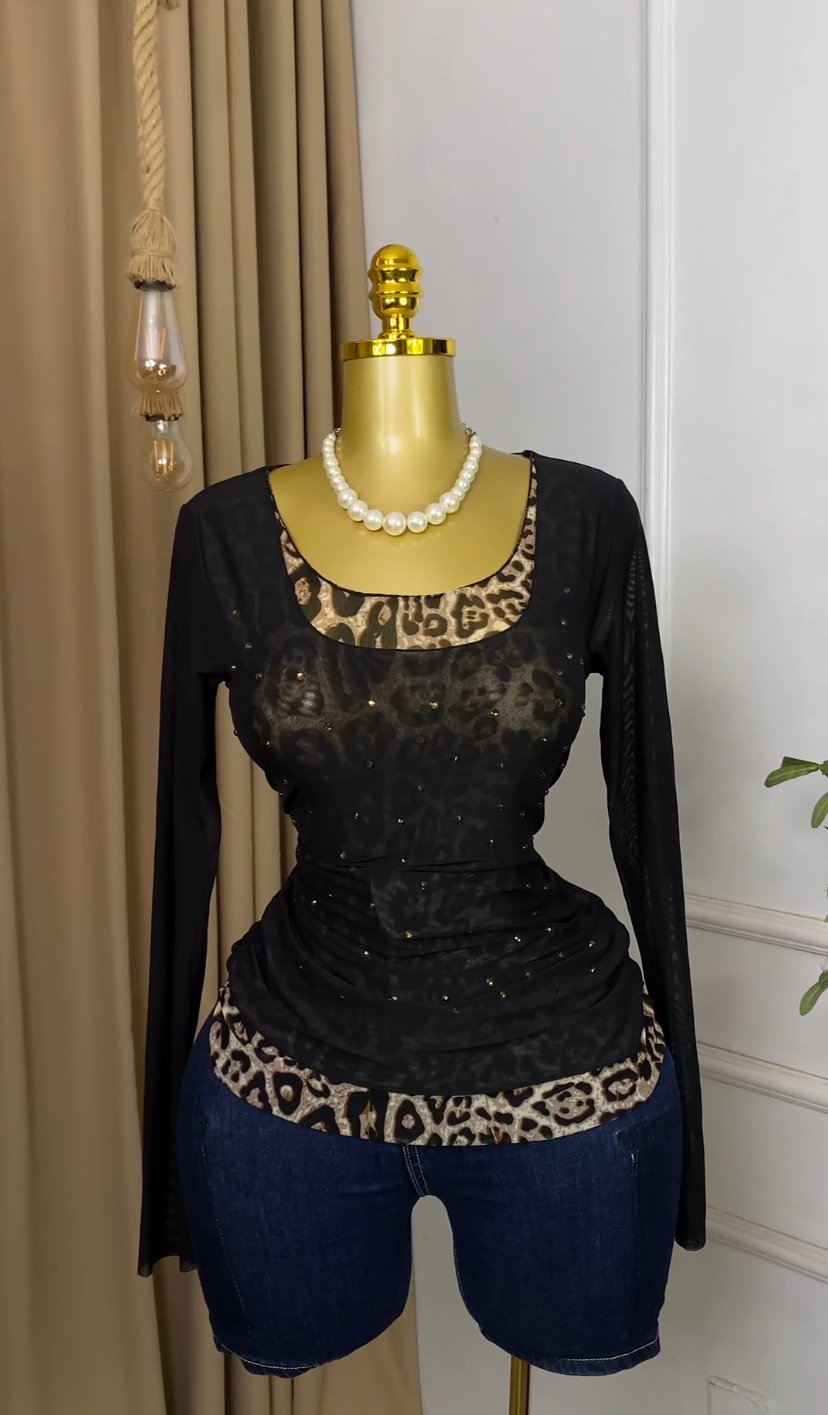 Black&leopard print mesh Top M255