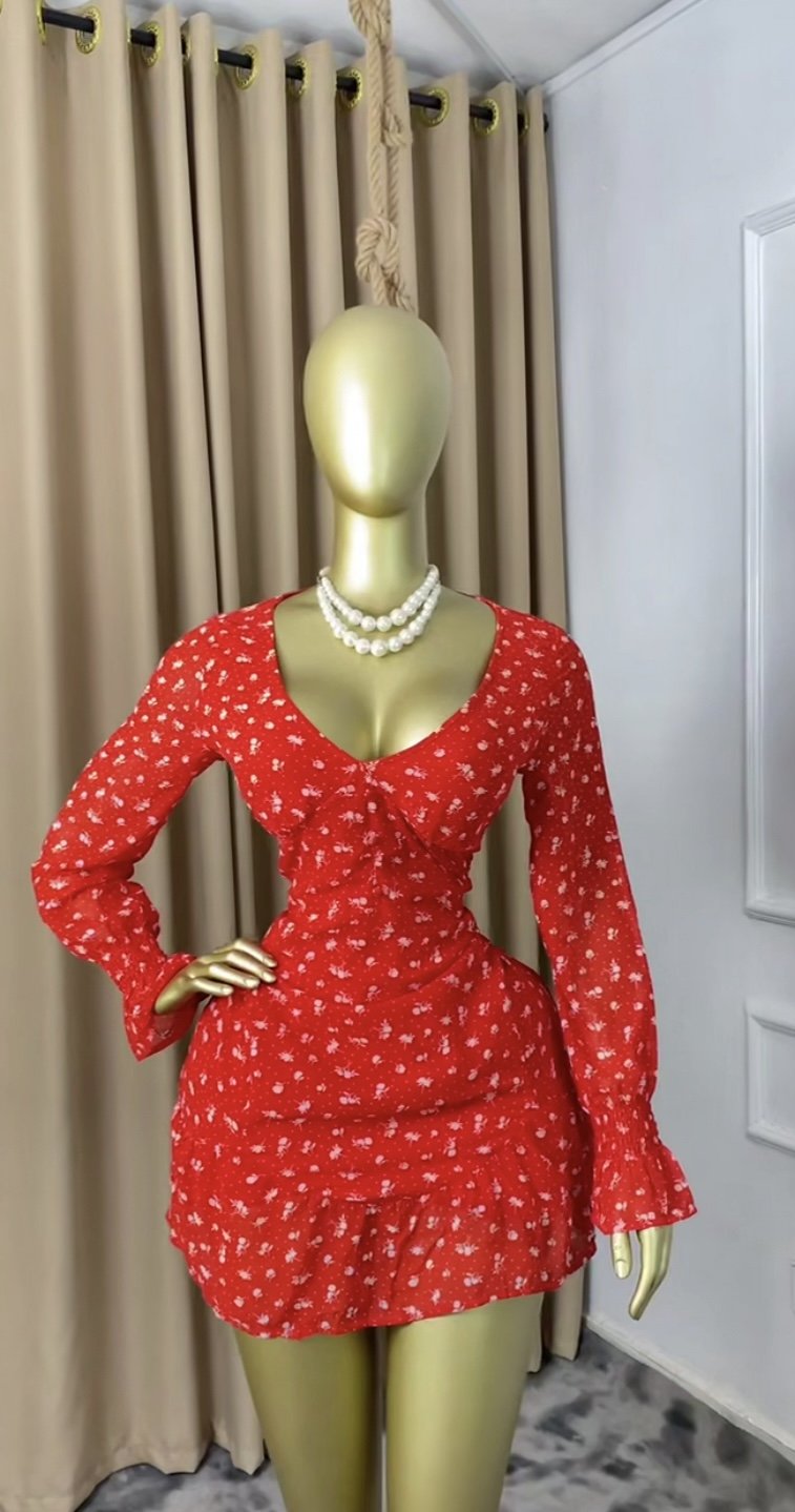 Red&white print dress P241