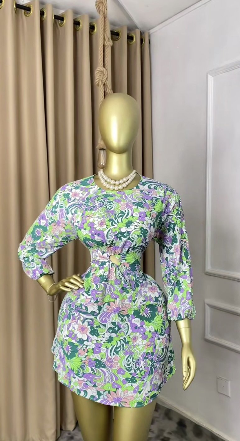 Green&white floral dress P174