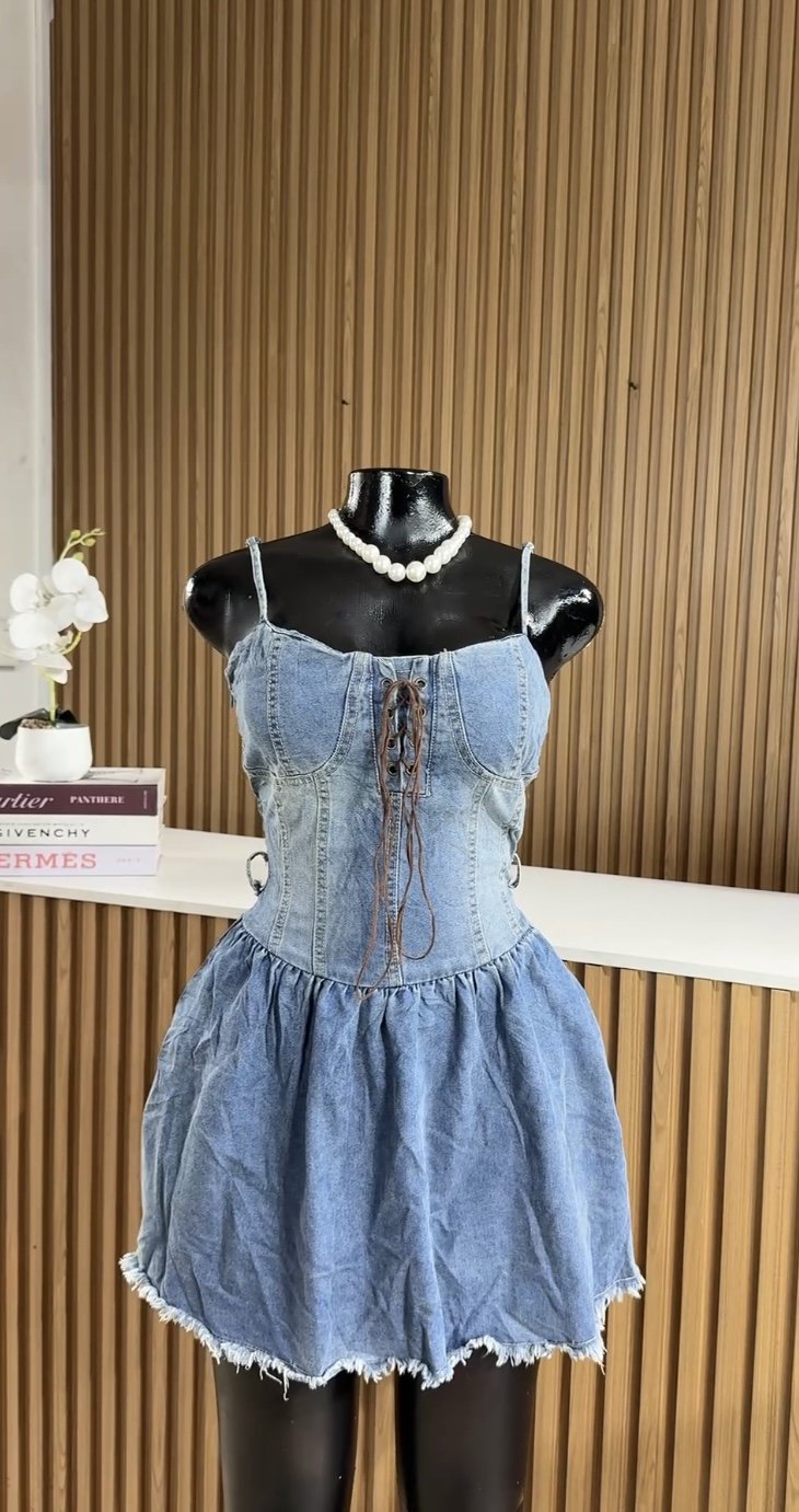 light-wash corset mini dress 162 (has a brown belt)