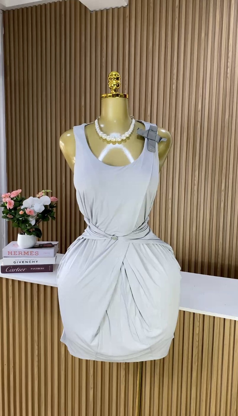 Grey Asymmetric Drape Side Midi Dress 325 (40D)