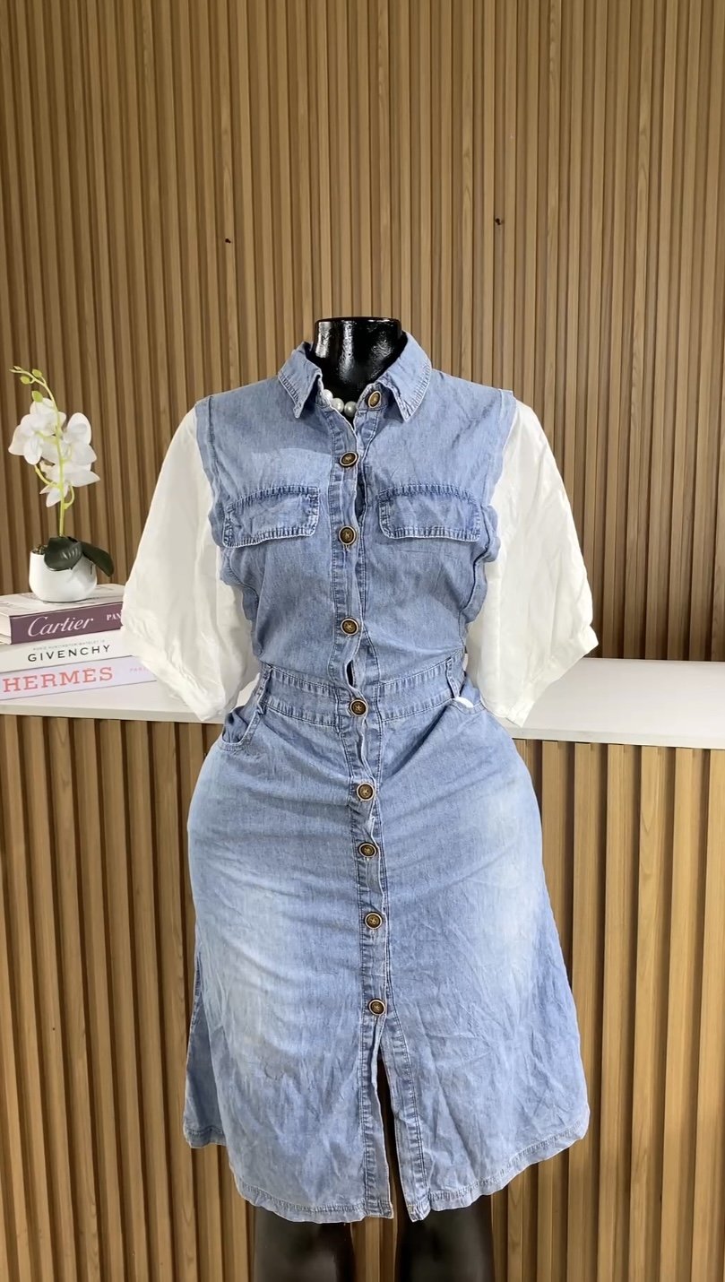 Blue&white button down dress 045
