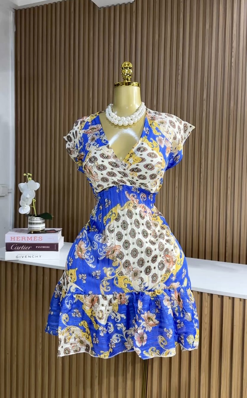 Blue v-neck tiered mini dress 174 (40D)