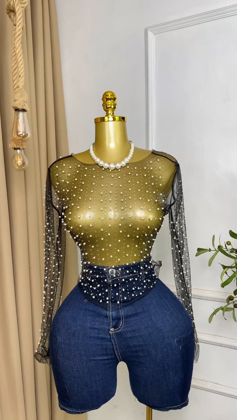 Black beaded mesh Top M021