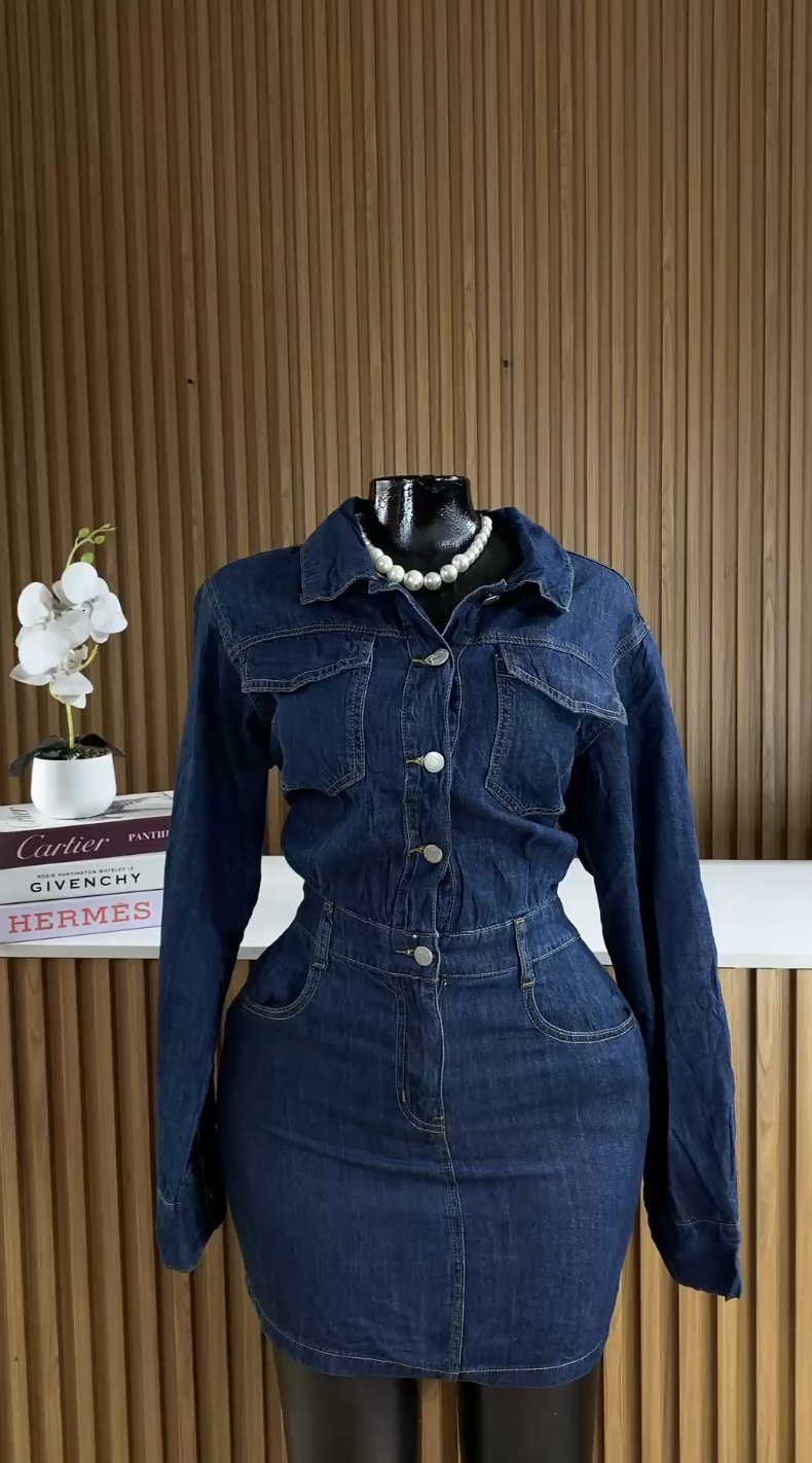 Blue long sleeve denim dress 220