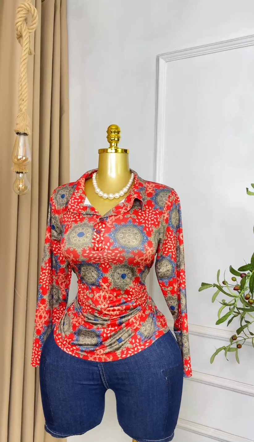 Red&blue print mesh Top M073