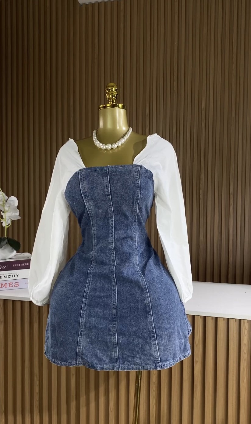 White&blue puff sleeve dress 079