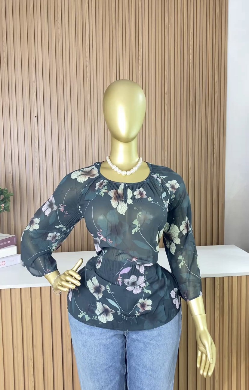 Green floral chiffon top R434