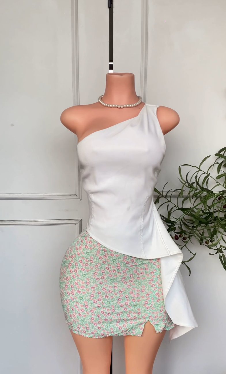Mint green&pink floral skirt 217