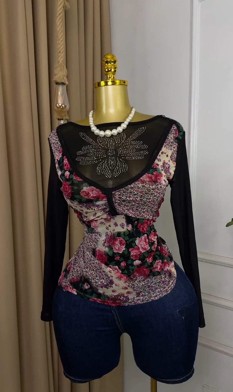 Black&pink floral Top M404 backview