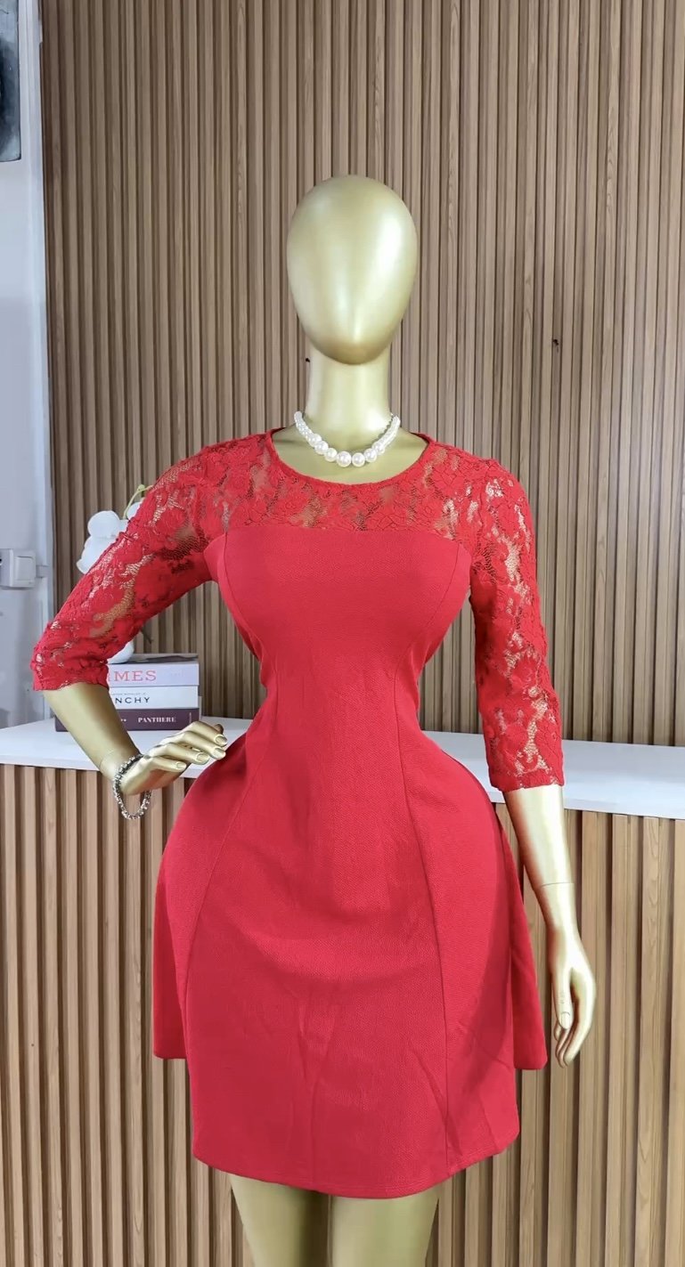 Stylish red Lacey sleeve dress B117 (40D)