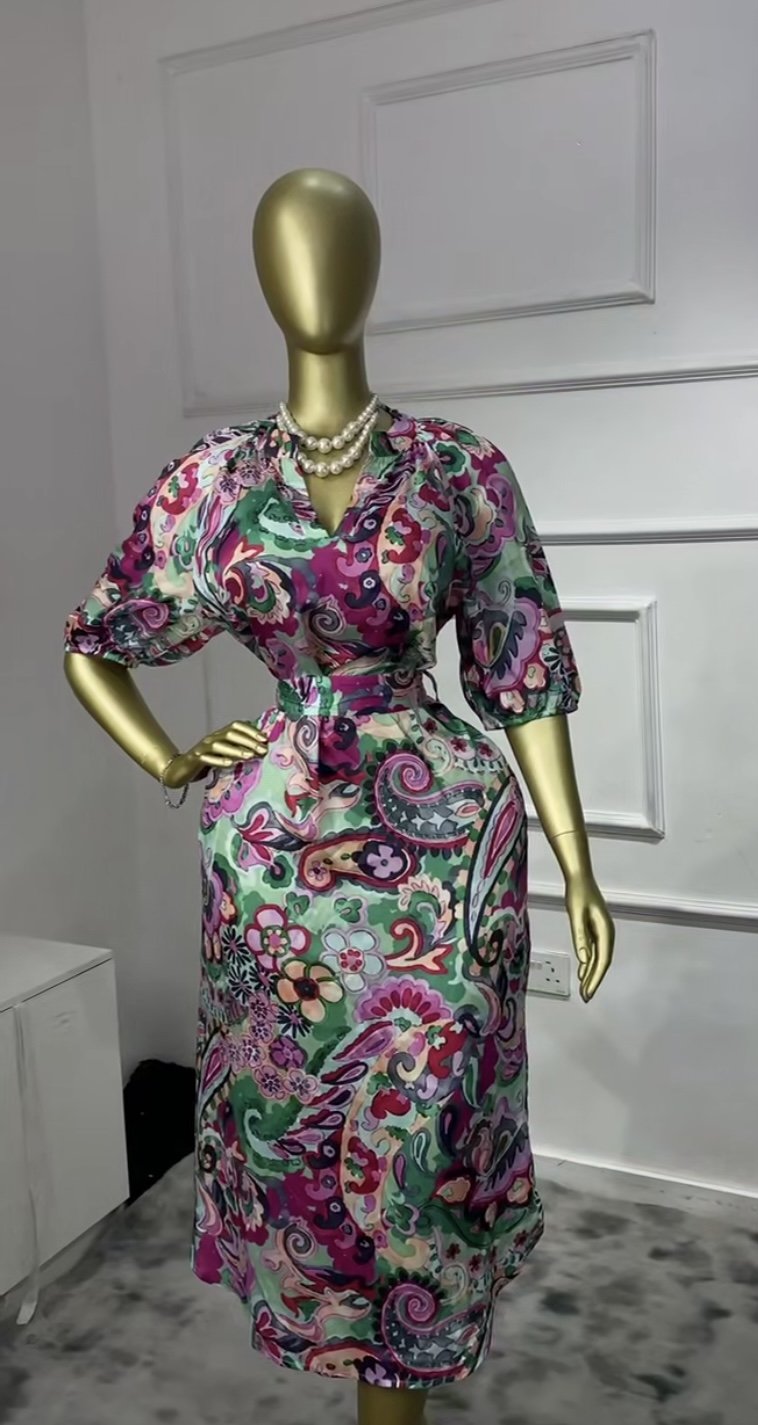 Purple floral dress P034 (with belt)