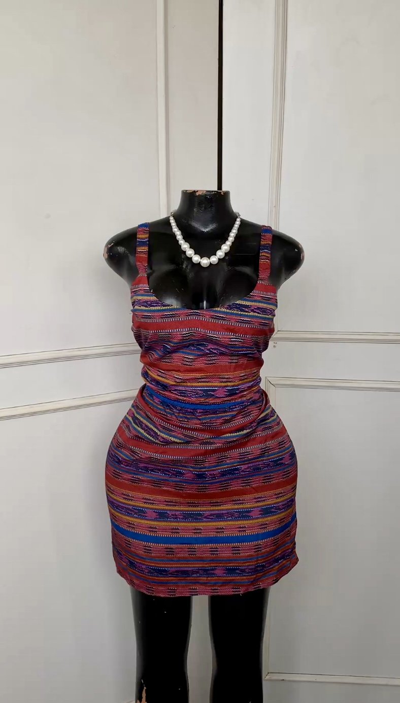 Red&blue geometric print dress B157 (40D)