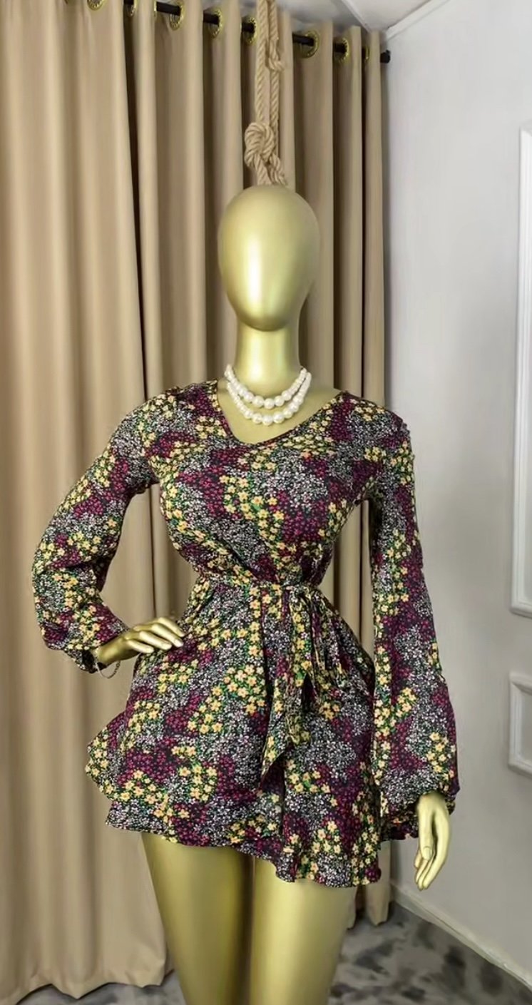 Yellow&wine print dress P157 (belted)