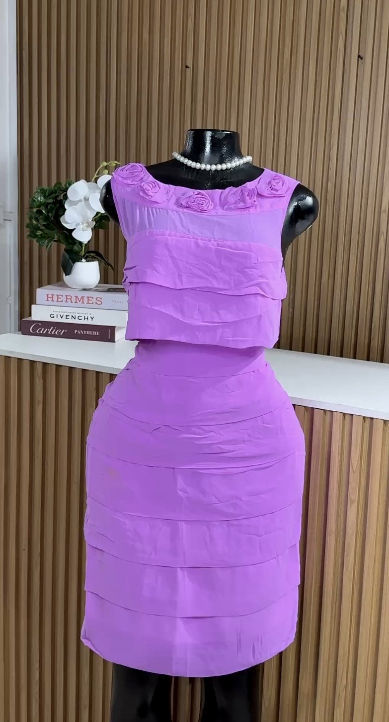 Purple sleeveless tiered ruffle cocktail dress 358 (40D)
