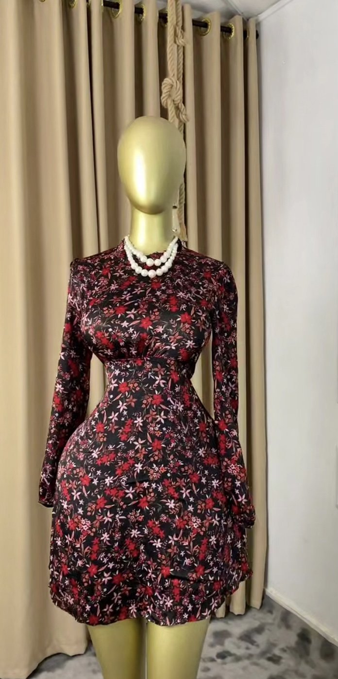Red&black print dress P233