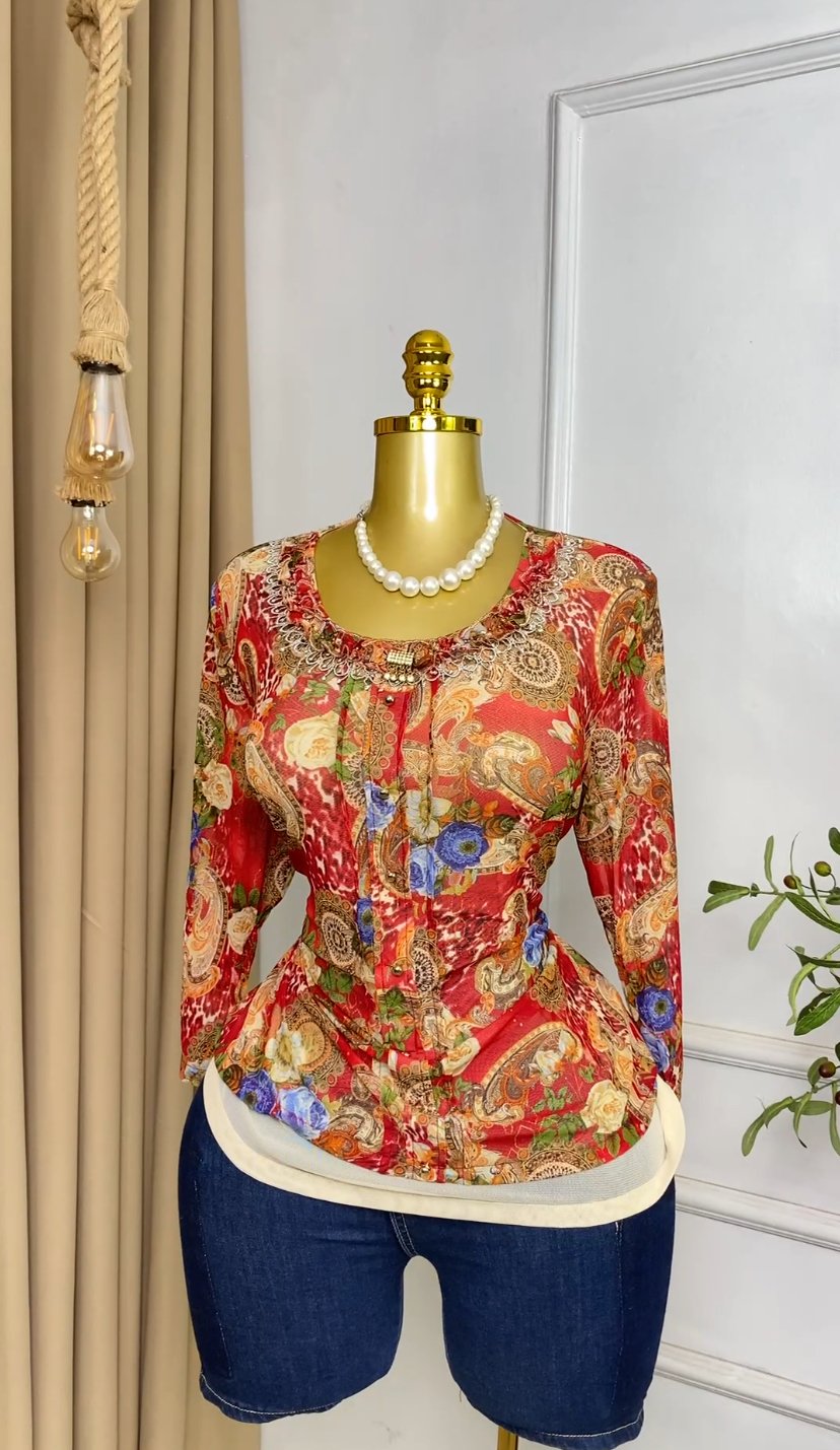 Red&cream print Top M054